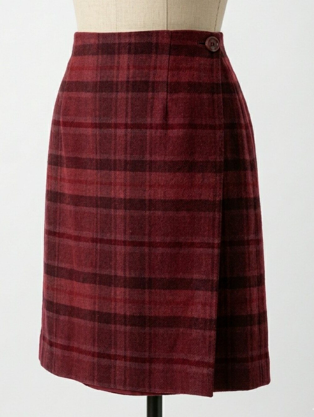 Vintage Style & Co Plaid Wool Blend Wrap Mini Skirt Burgundy Black 10P Petite